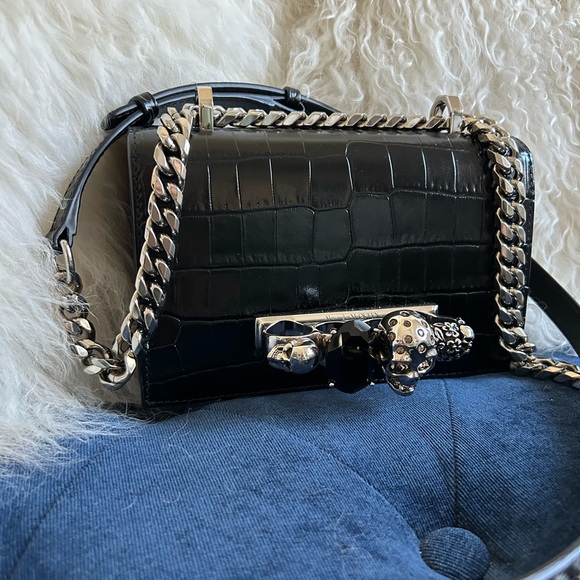 Alexander McQueen Handbags - Alexander McQueen Mini Jewelled Croc Embossed Leather Shoulder Bag